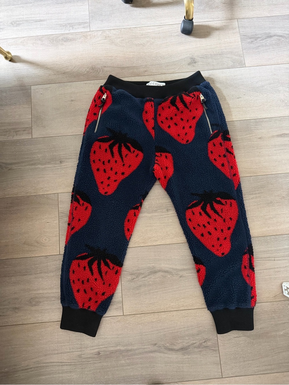 JW ANDERSON Navy Fleece Joggers with Red Strawberry Motif